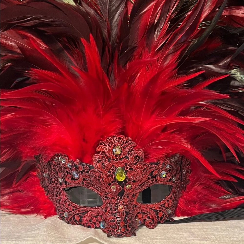 Red Feathered Masquerade Mask